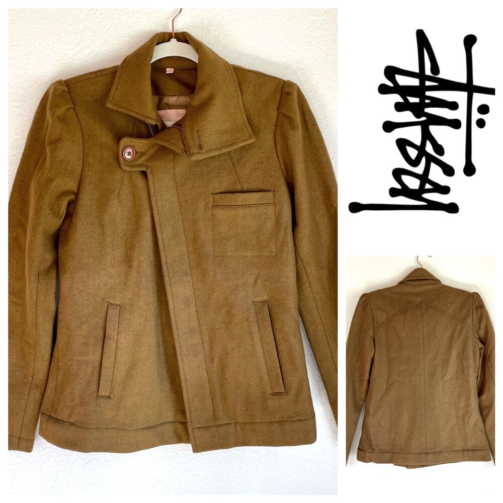 Stussy Women's Archival Camel Felted Diagonal Zipper Coat Jacket XS EUC